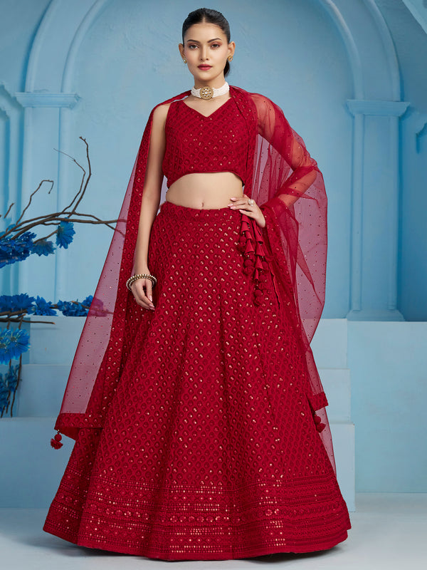 Glamorous Red Sequins Georgette Wedding Lehenga Choli With Dupatta