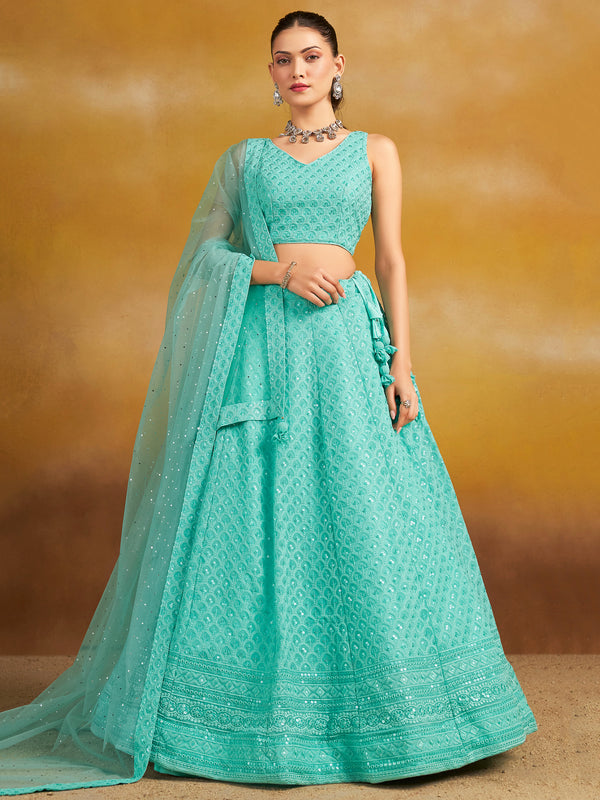 Astounding Sky-Blue Sequins Georgette Engagement Wear Lehenga Choli