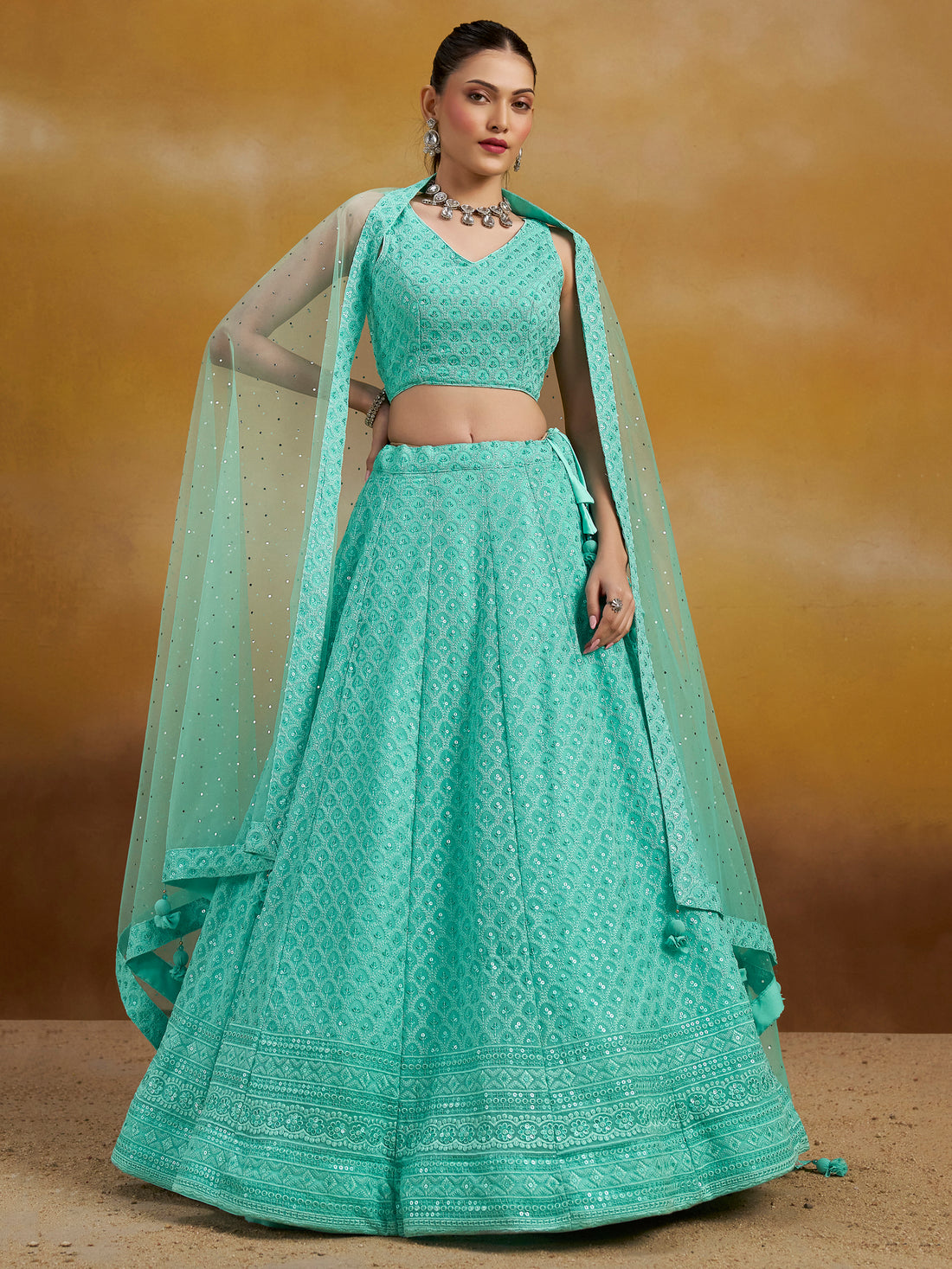Astounding Sky-Blue Sequins Georgette Engagement Wear Lehenga Choli