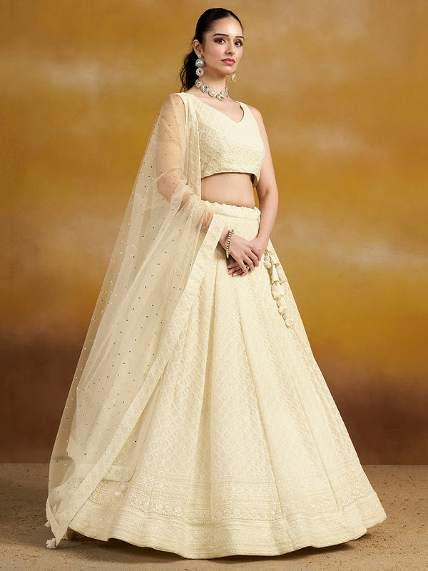 Enchanting Off-White Thread Work Georgette Traditional Lehenga Choli