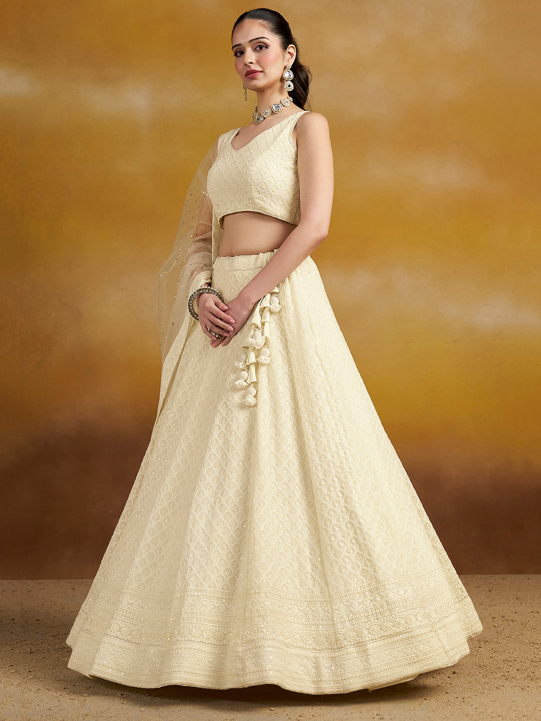 Enchanting Off-White Thread Work Georgette Traditional Lehenga Choli