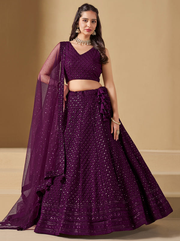 Marvelous Wine Thread Work Georgette Reception Wear Lehenga Choli