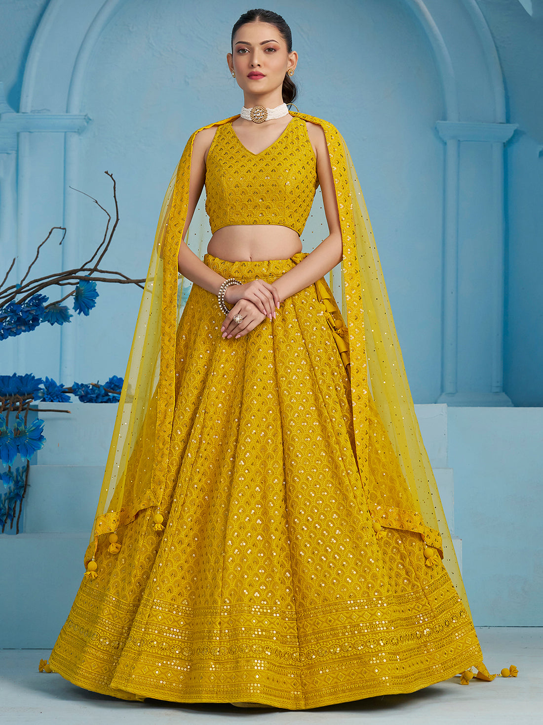 Charming Yellow Thread Work Georgette Festival Wear Lehenga Choli