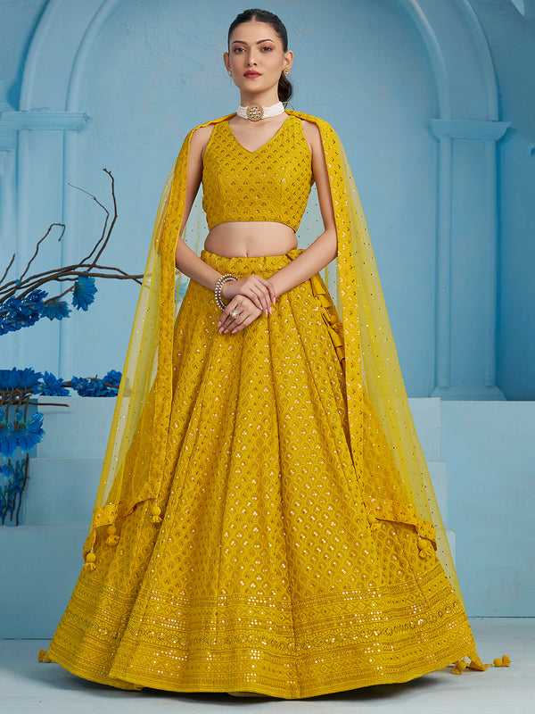 Charming Yellow Thread Work Georgette Festival Wear Lehenga Choli