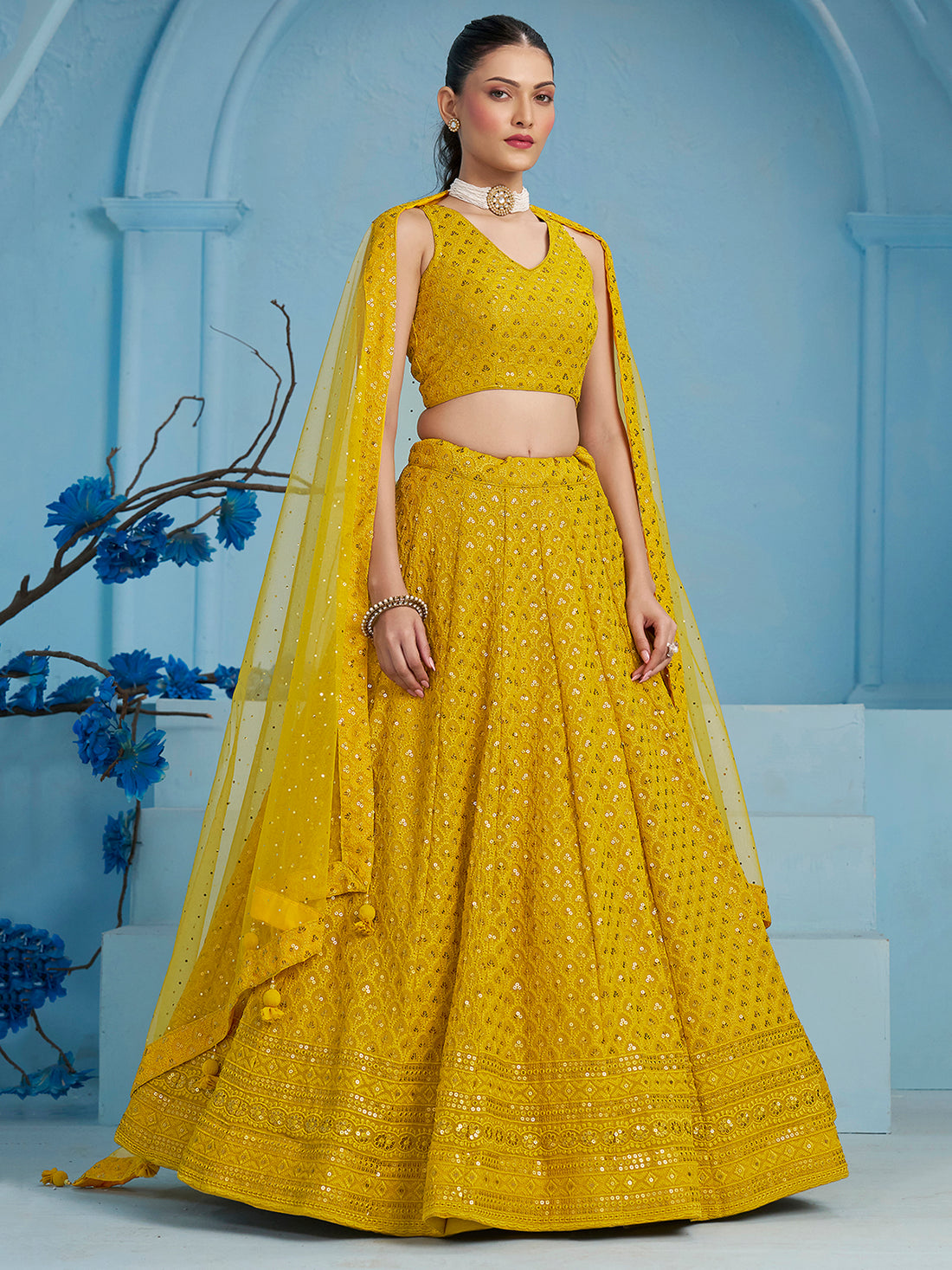 Charming Yellow Thread Work Georgette Festival Wear Lehenga Choli