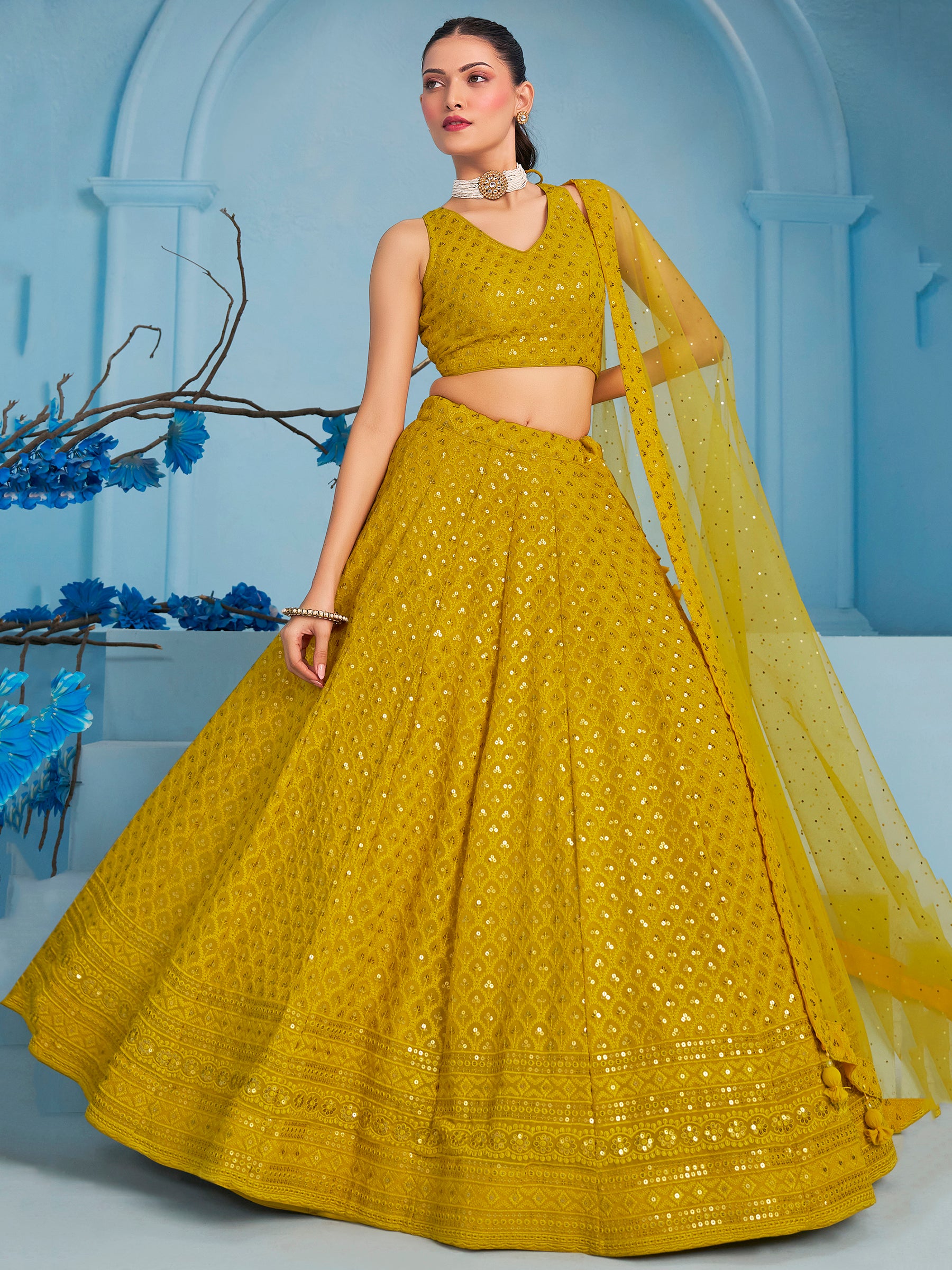 Charming Yellow Thread Work Georgette Festival Wear Lehenga Choli