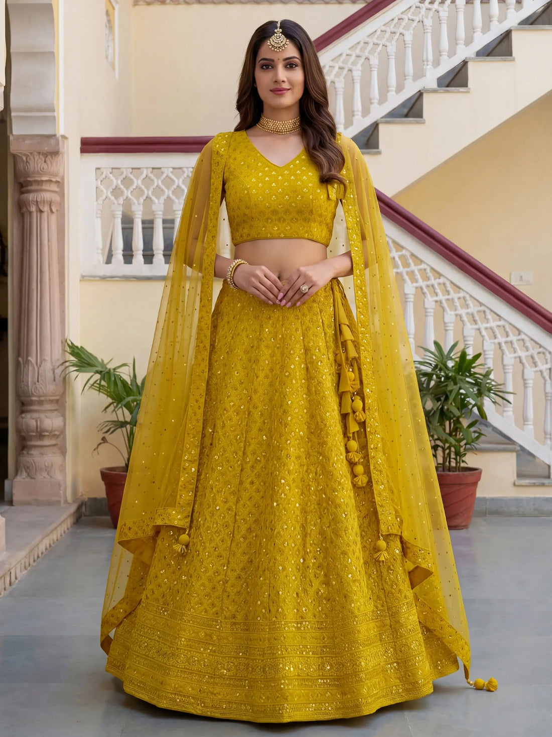 Magnificent Yellow Thread Work Georgette Haldi Wear Lehenga Choli