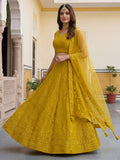 Magnificent Yellow Thread Work Georgette Haldi Wear Lehenga Choli