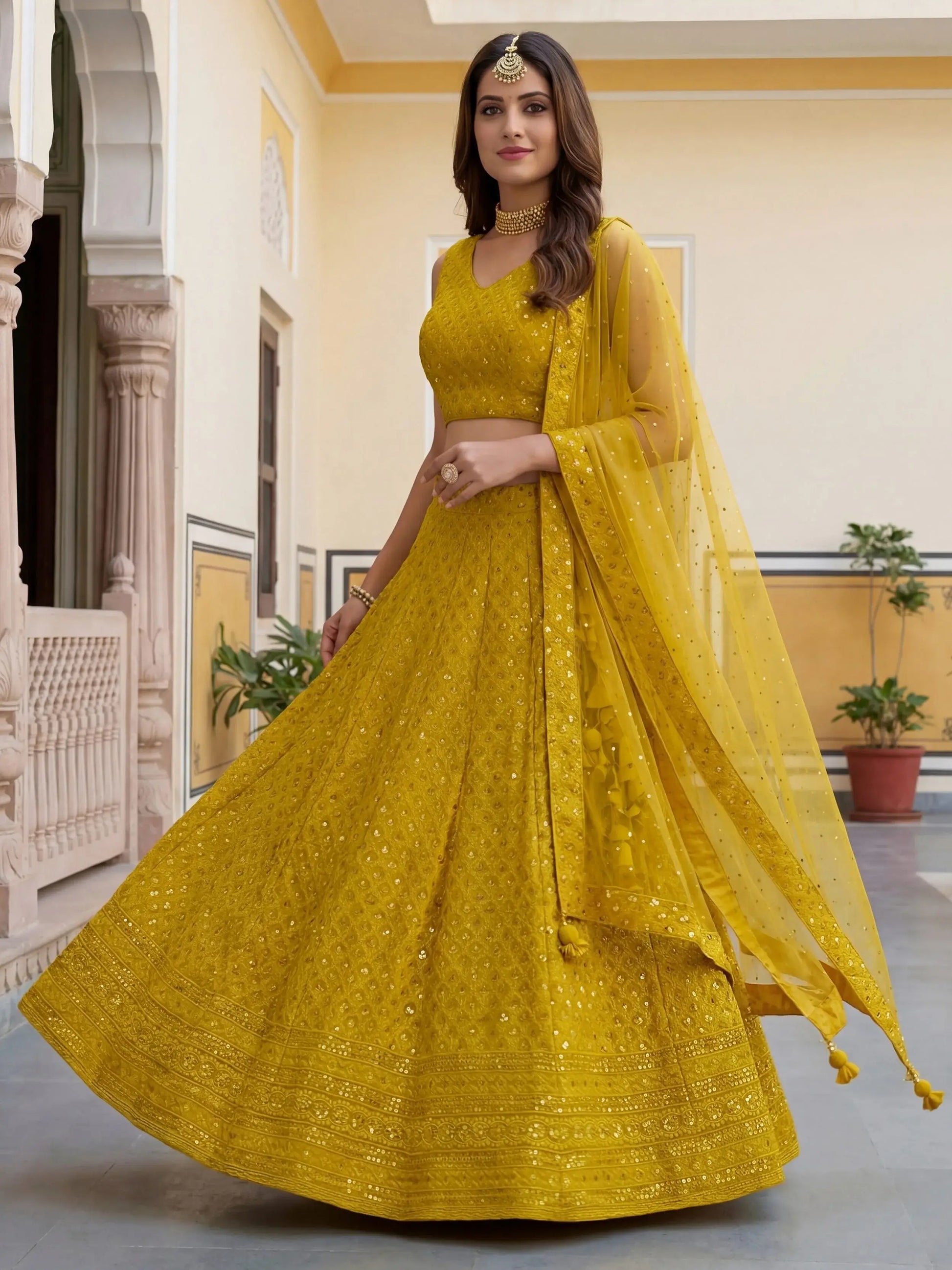 Magnificent Yellow Thread Work Georgette Haldi Wear Lehenga Choli