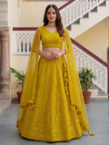 Magnificent Yellow Thread Work Georgette Haldi Wear Lehenga Choli