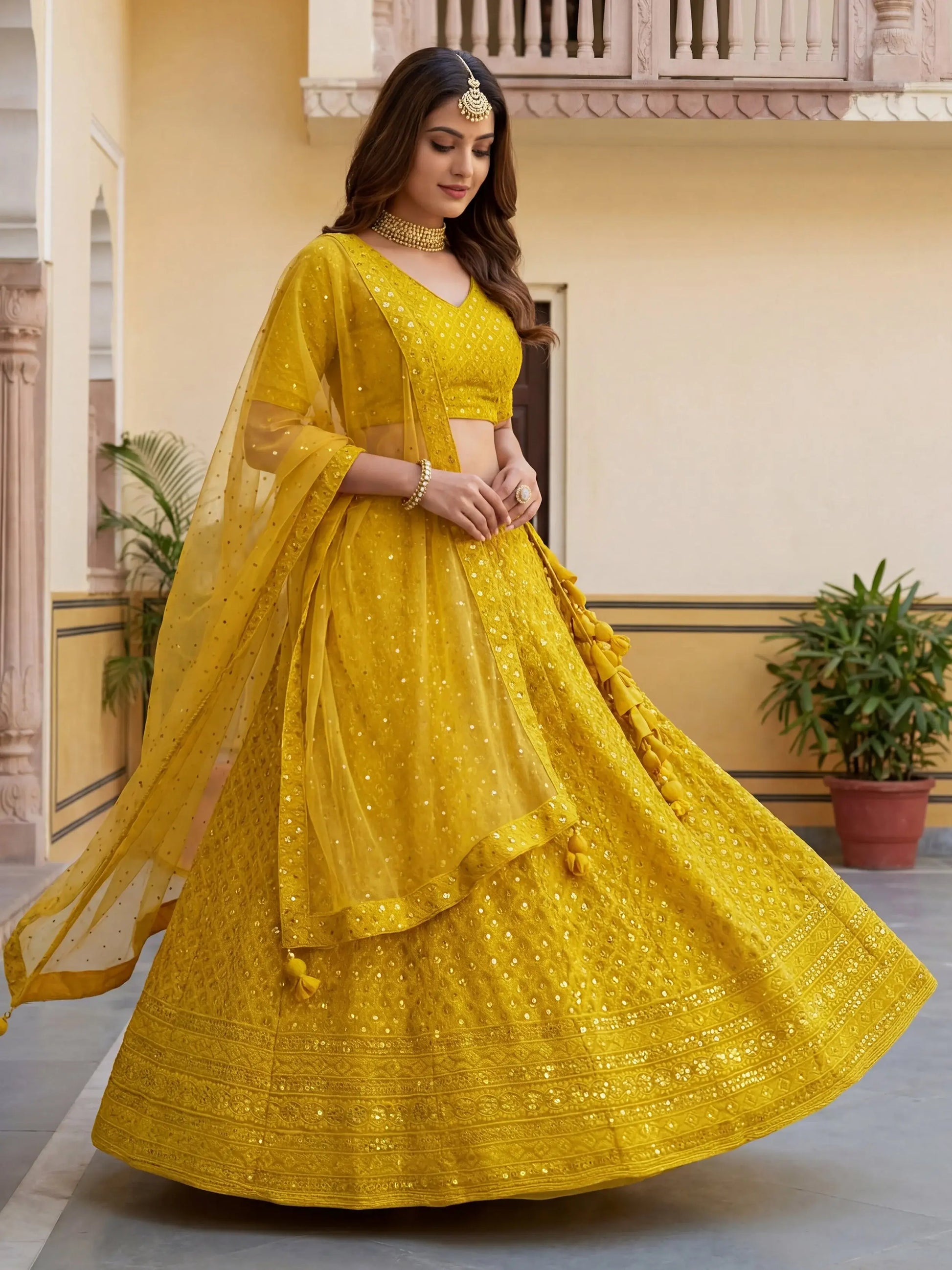 Magnificent Yellow Thread Work Georgette Haldi Wear Lehenga Choli
