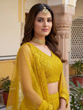 Magnificent Yellow Thread Work Georgette Haldi Wear Lehenga Choli