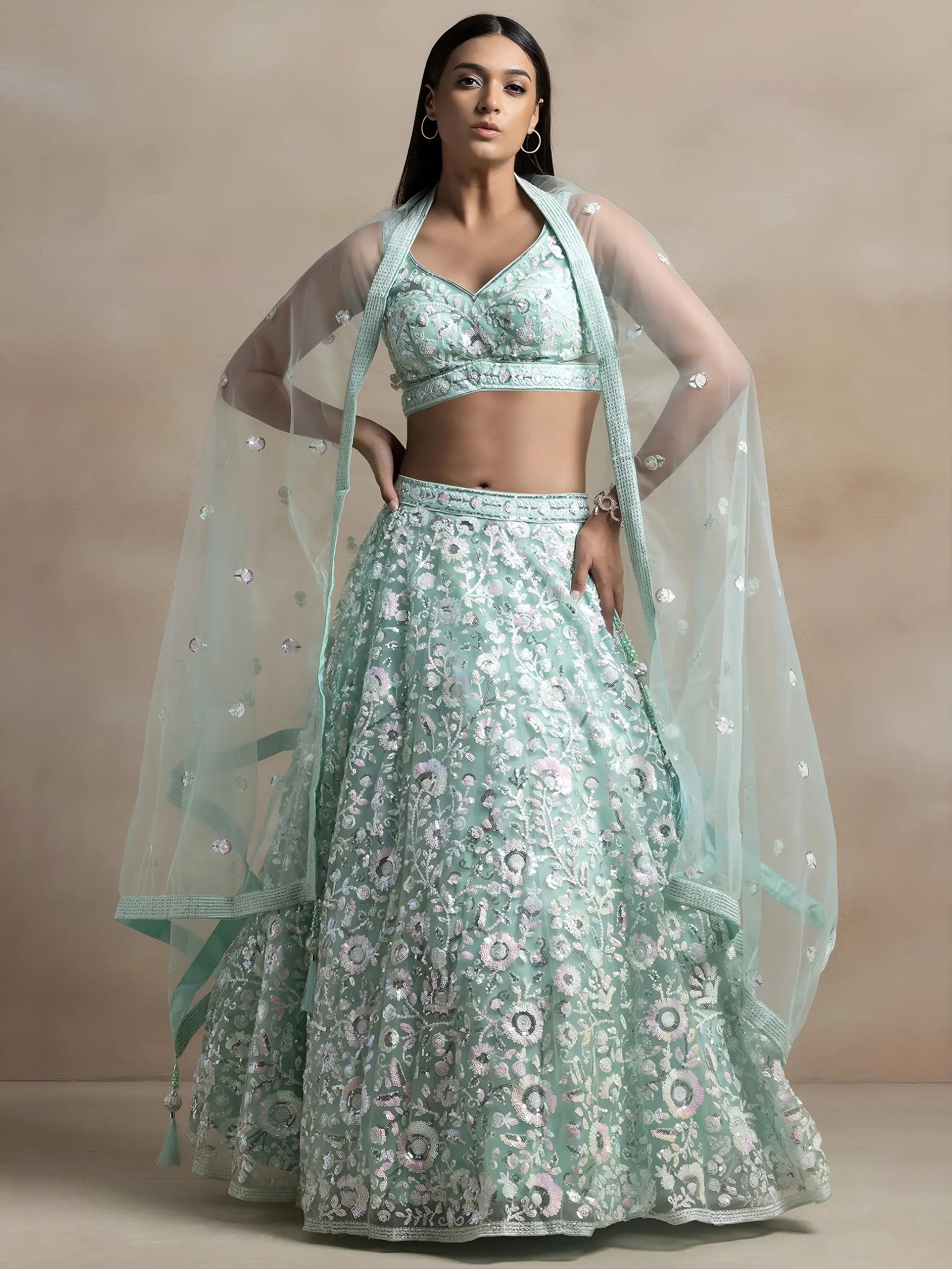 Beautiful Blue Sequins Net Engagement Wear Lehenga Choli With Dupatta