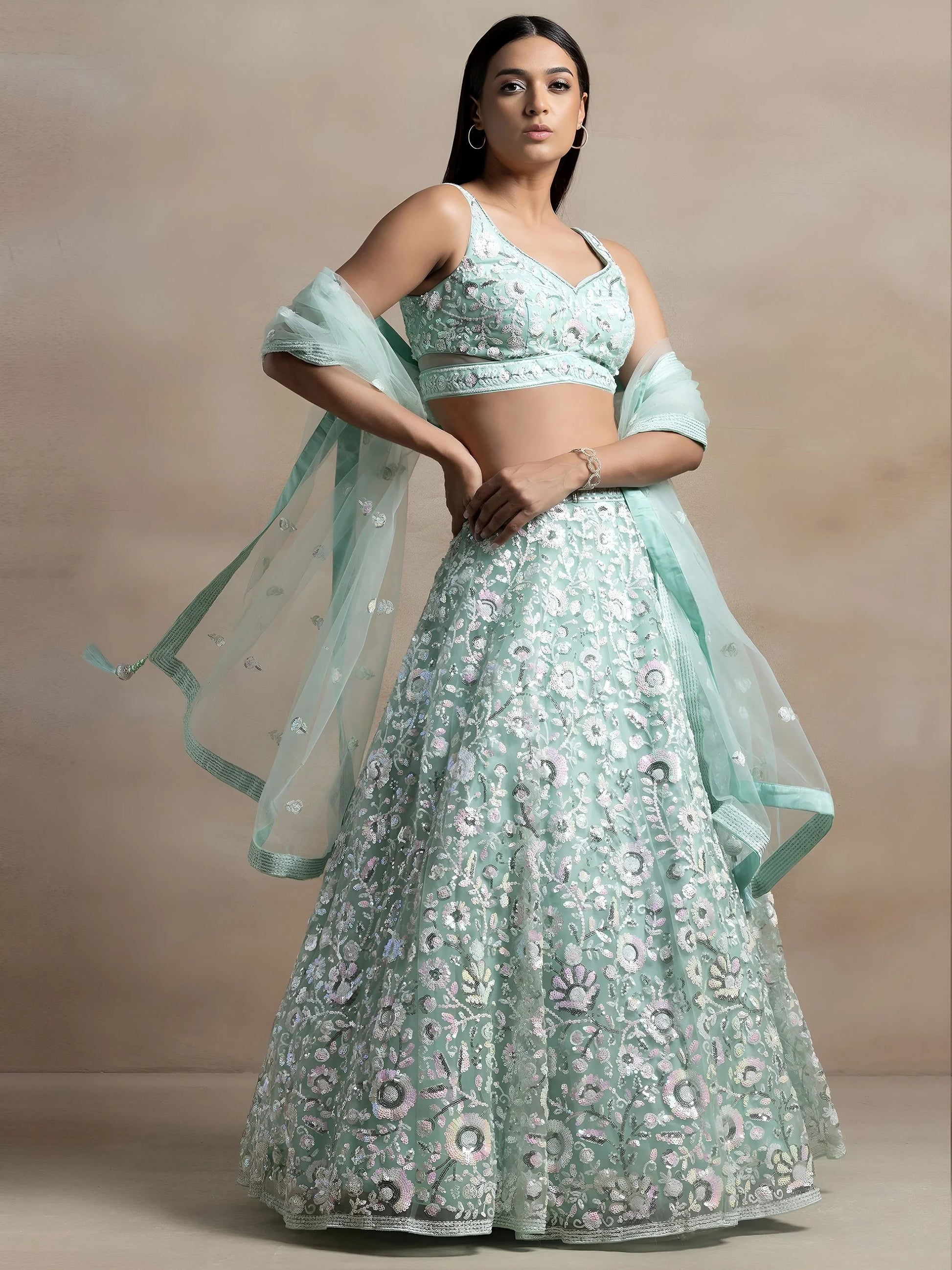 Beautiful Blue Sequins Net Engagement Wear Lehenga Choli With Dupatta
