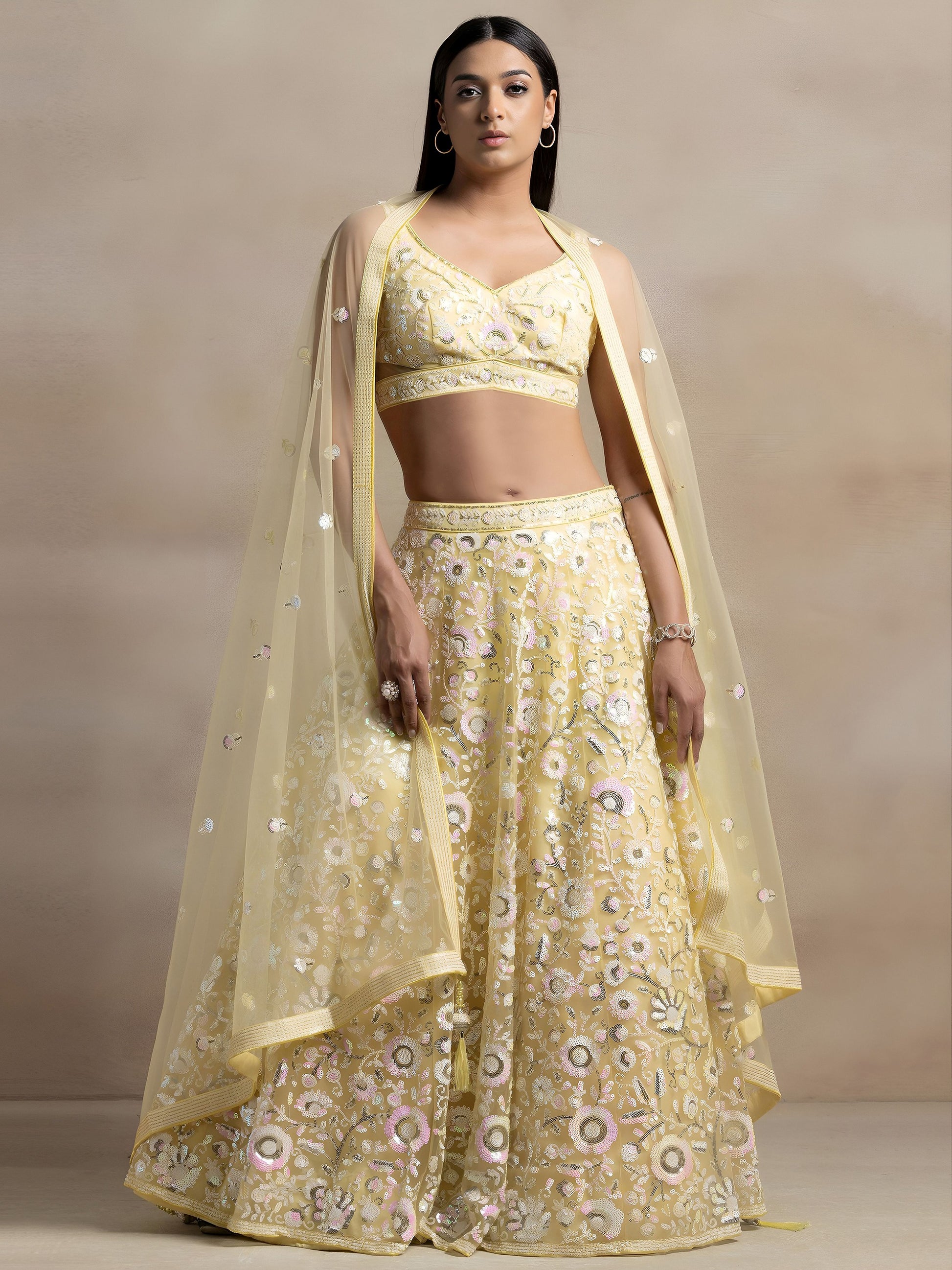 Unique Yellow Sequins Net Haldi Wear Lehenga Choli With Dupatta