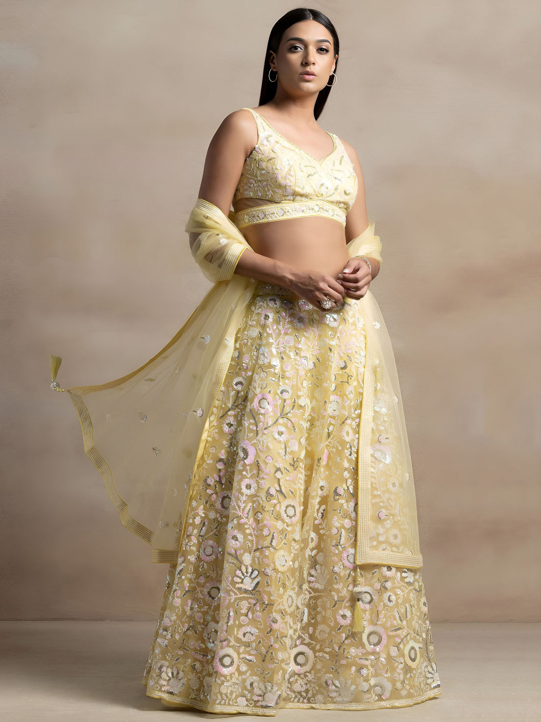Unique Yellow Sequins Net Haldi Wear Lehenga Choli With Dupatta