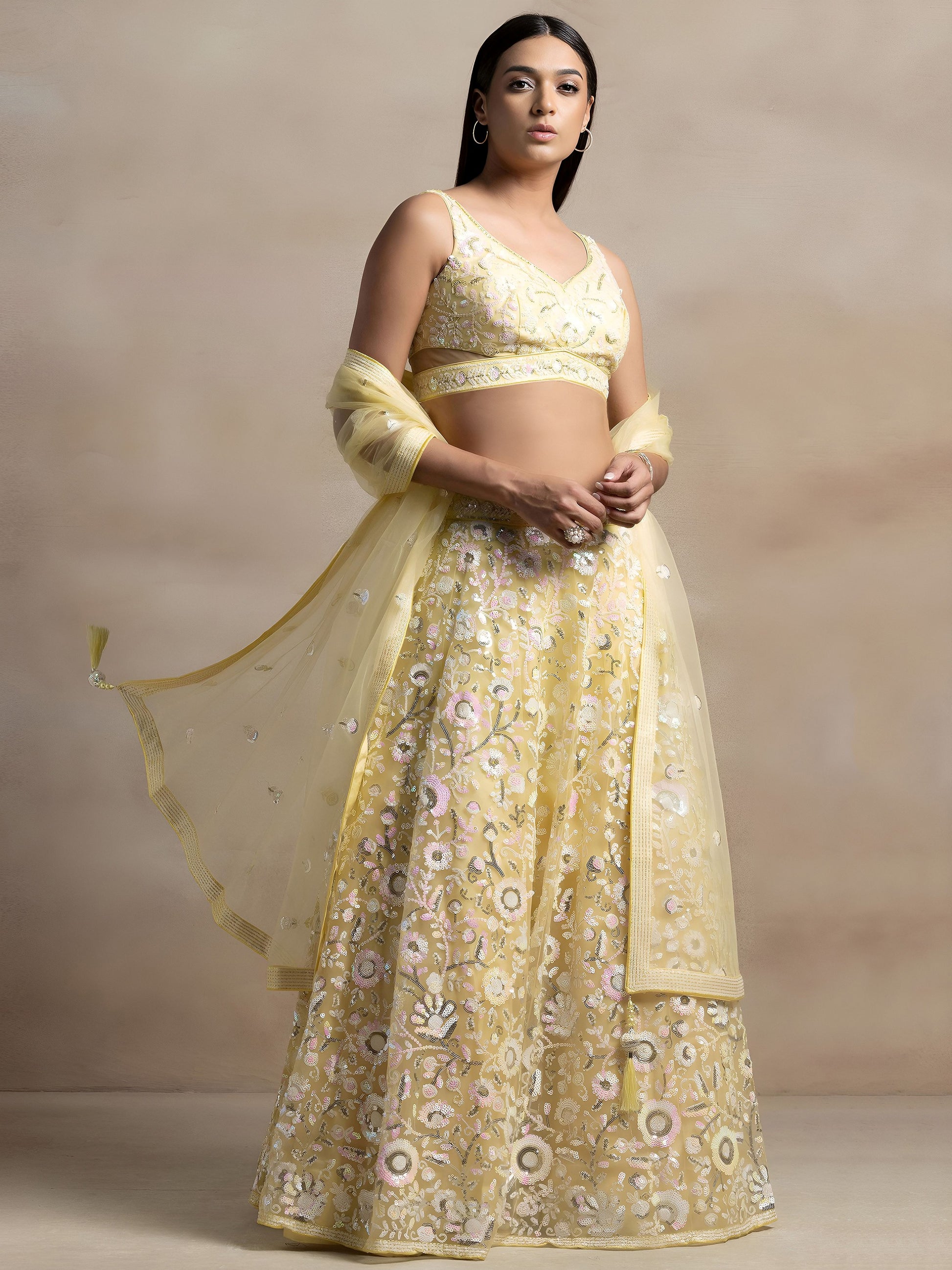 Unique Yellow Sequins Net Haldi Wear Lehenga Choli With Dupatta