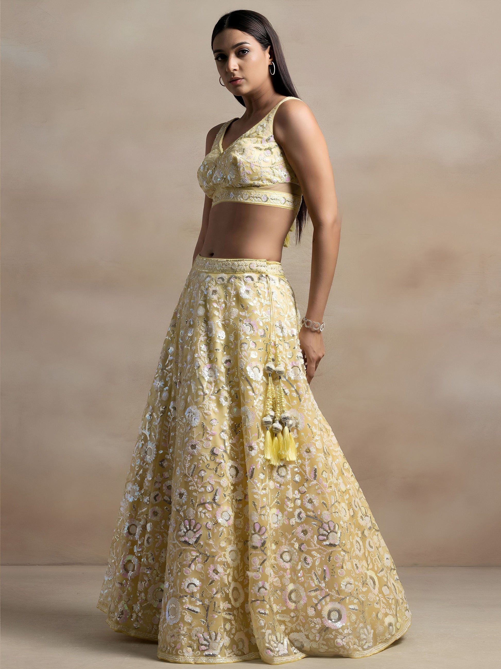 Unique Yellow Sequins Net Haldi Wear Lehenga Choli With Dupatta