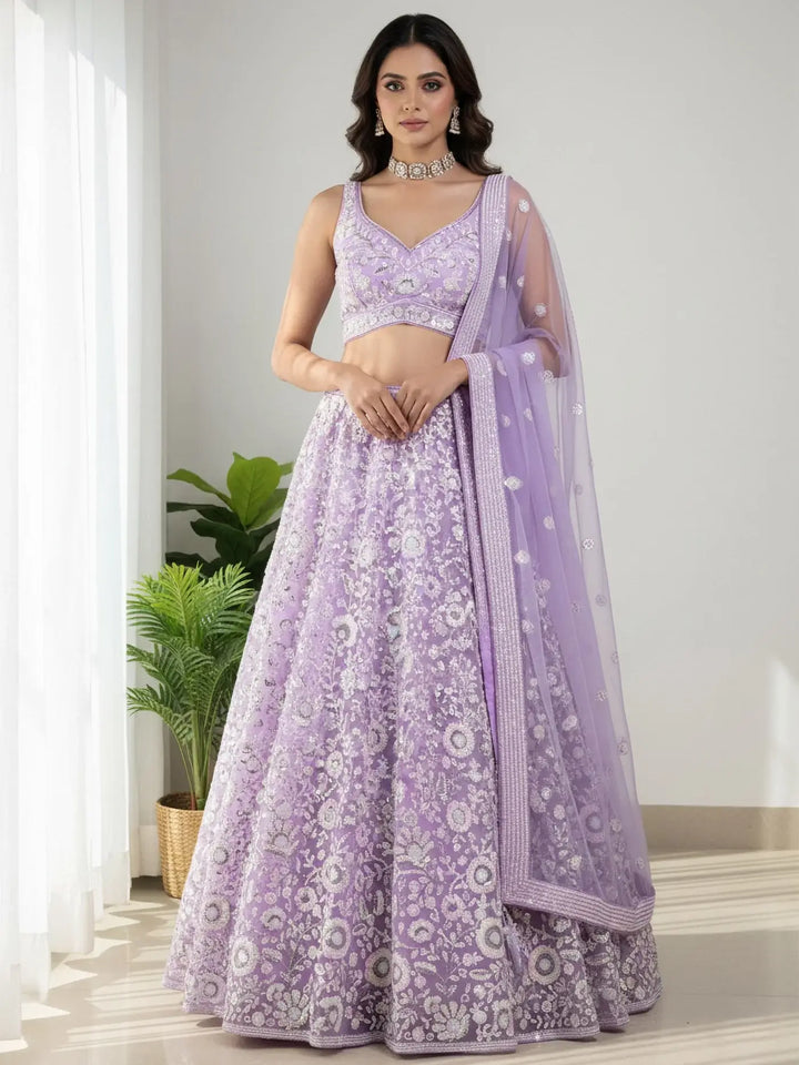 Stunning Lavender Sequins Net Party Wear Lehenga Choli With Dupatta