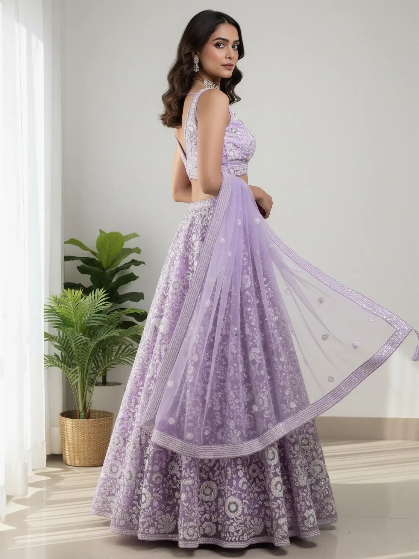 Stunning Lavender Sequins Net Party Wear Lehenga Choli With Dupatta