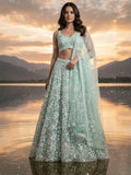 Alluring Mint Green Sequins Net Reception Wear Lehenga With Blouse