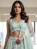 Alluring Mint Green Sequins Net Reception Wear Lehenga With Blouse