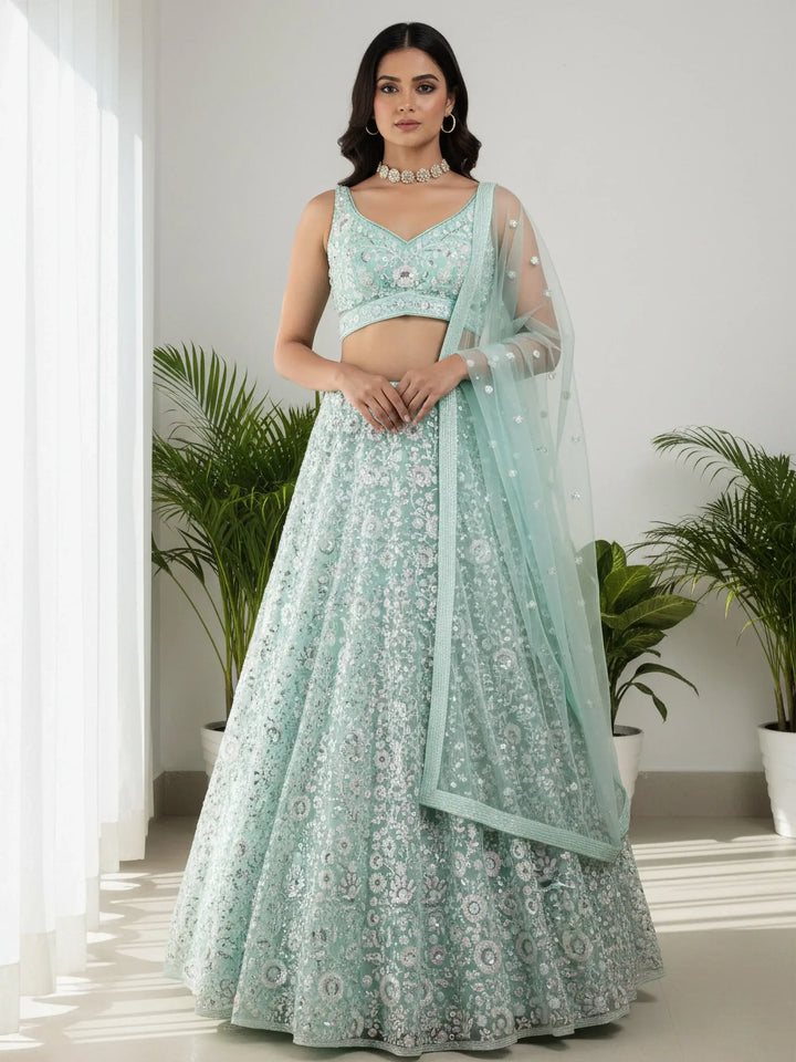 Stellar Green Sequins Net Bridesmaid Lehenga Choli With Dupatta