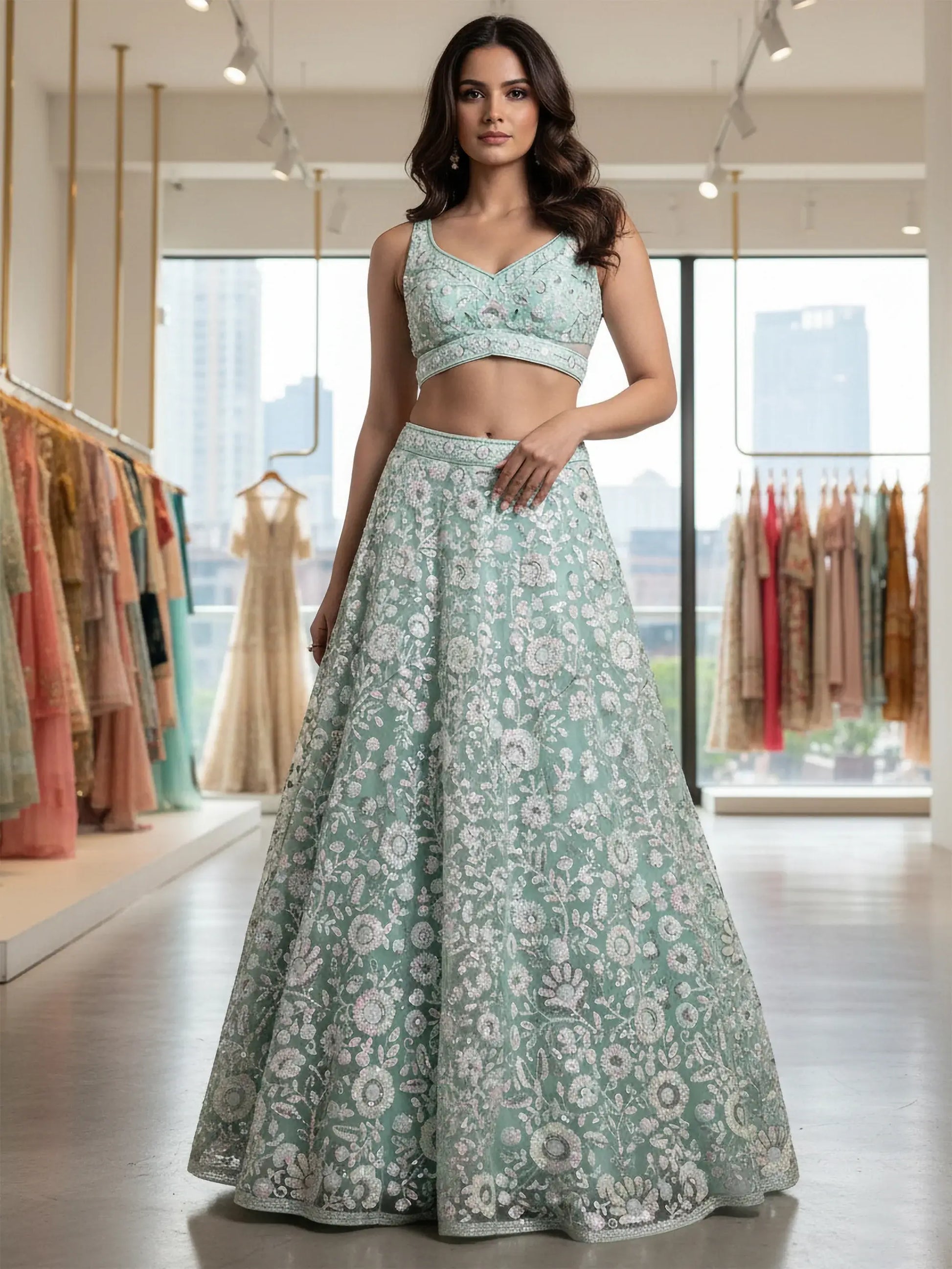 Alluring Mint Green Sequins Net Reception Wear Lehenga With Blouse