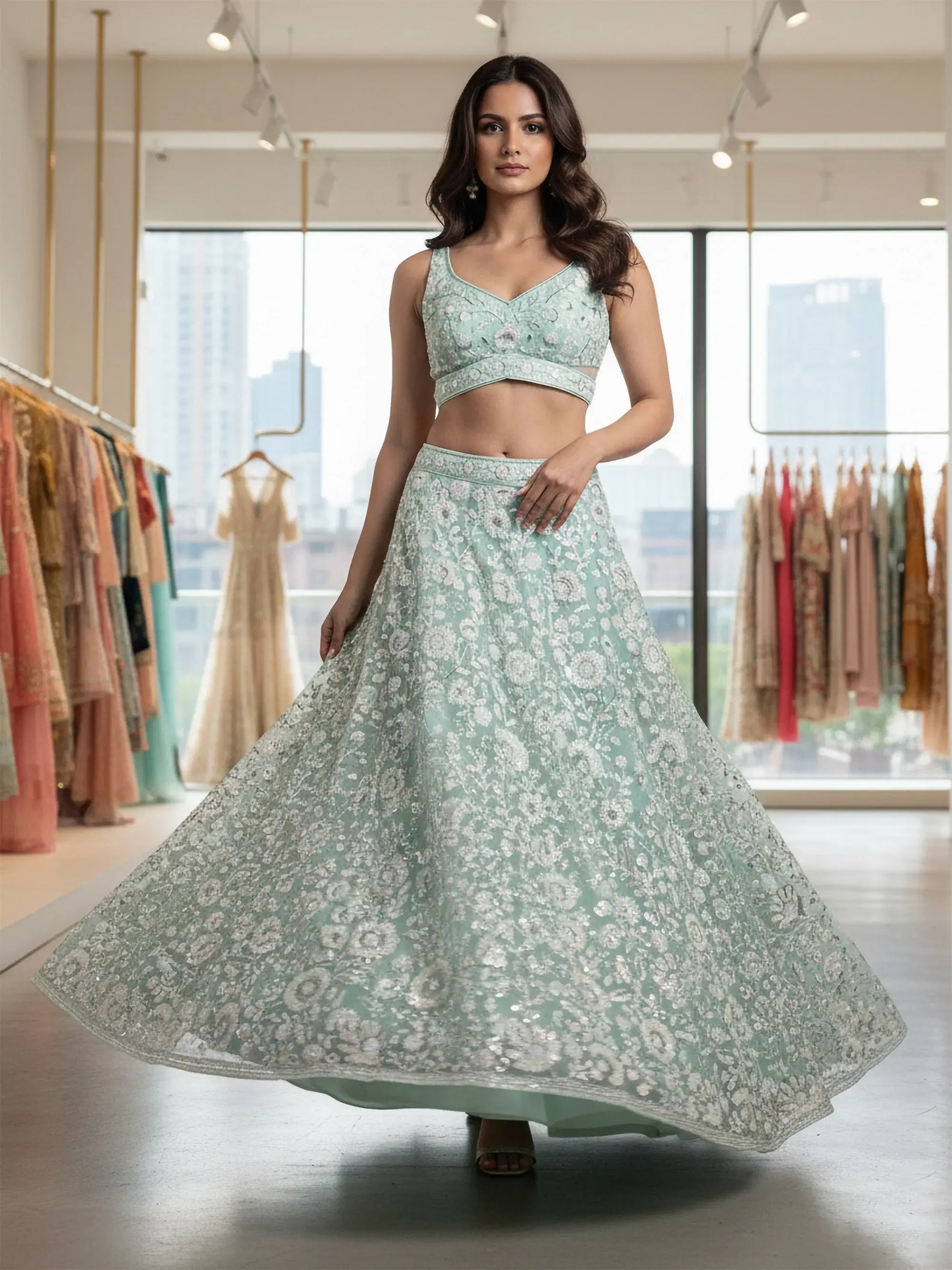 Alluring Mint Green Sequins Net Reception Wear Lehenga With Blouse