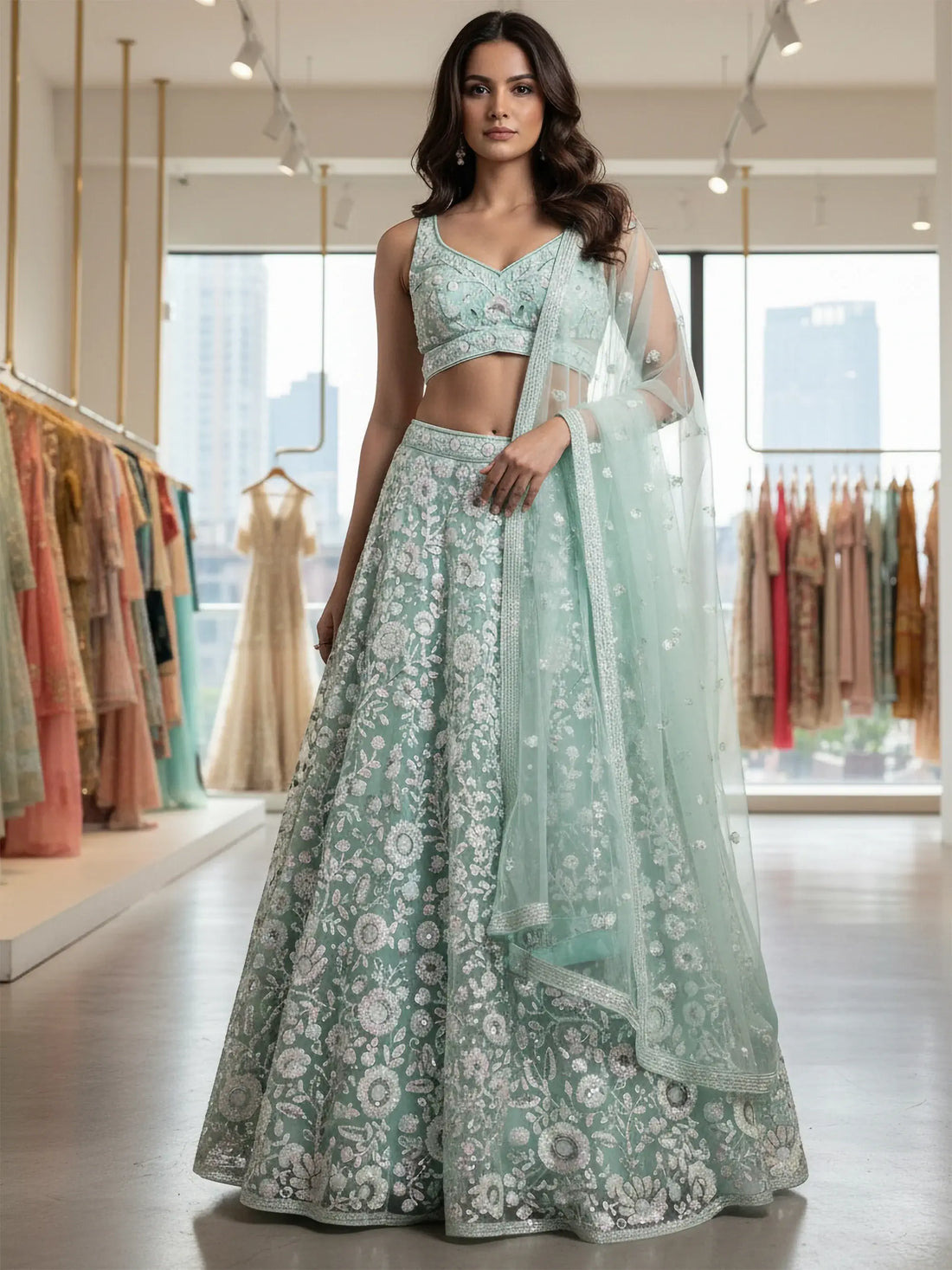 Alluring Mint Green Sequins Net Reception Wear Lehenga With Blouse