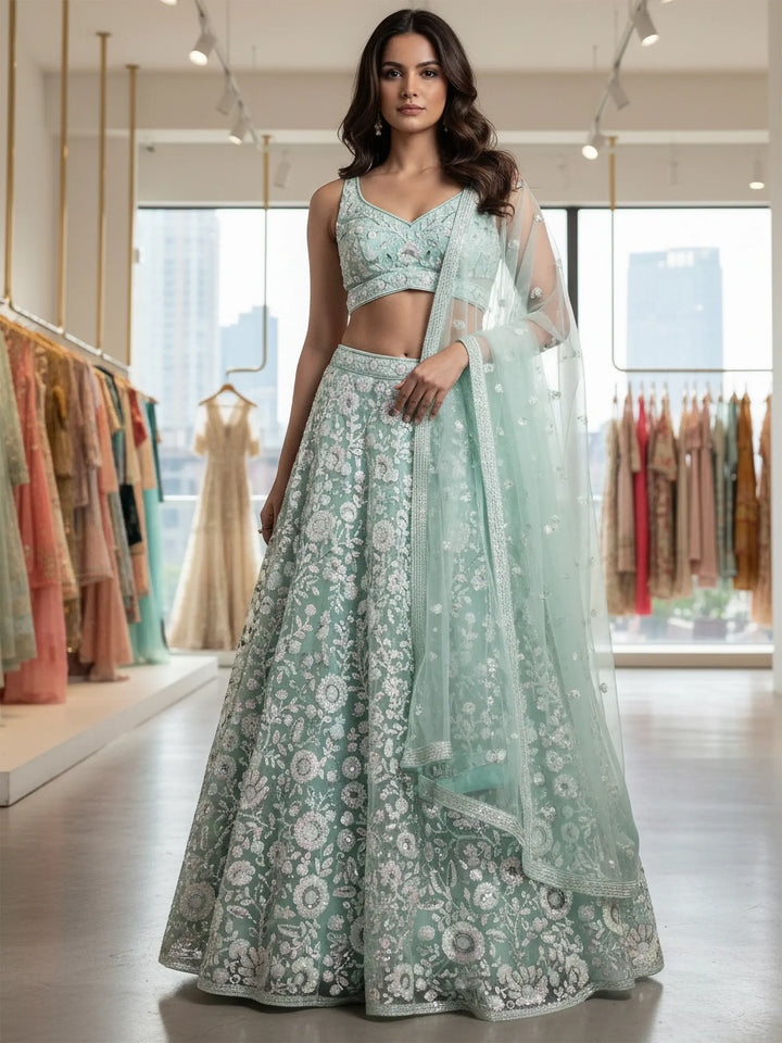 Alluring Mint Green Sequins Net Reception Wear Lehenga With Blouse
