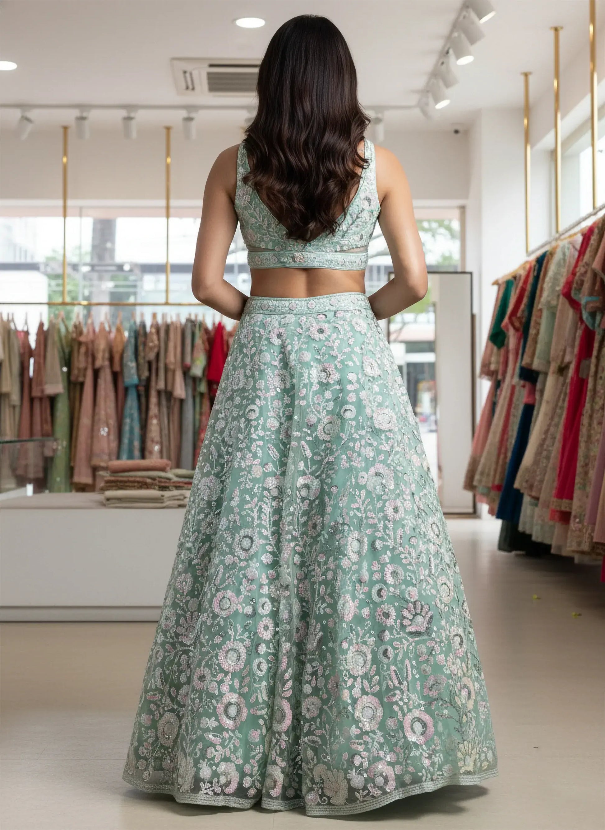 Alluring Mint Green Sequins Net Reception Wear Lehenga With Blouse