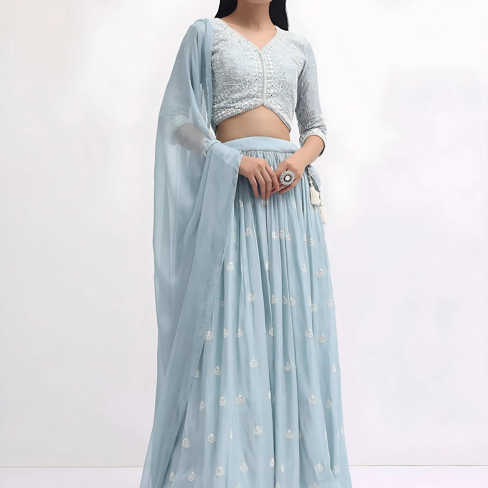 Pretty Blue Thread Embroidered Georgette Reception Wear Lehenga Choli