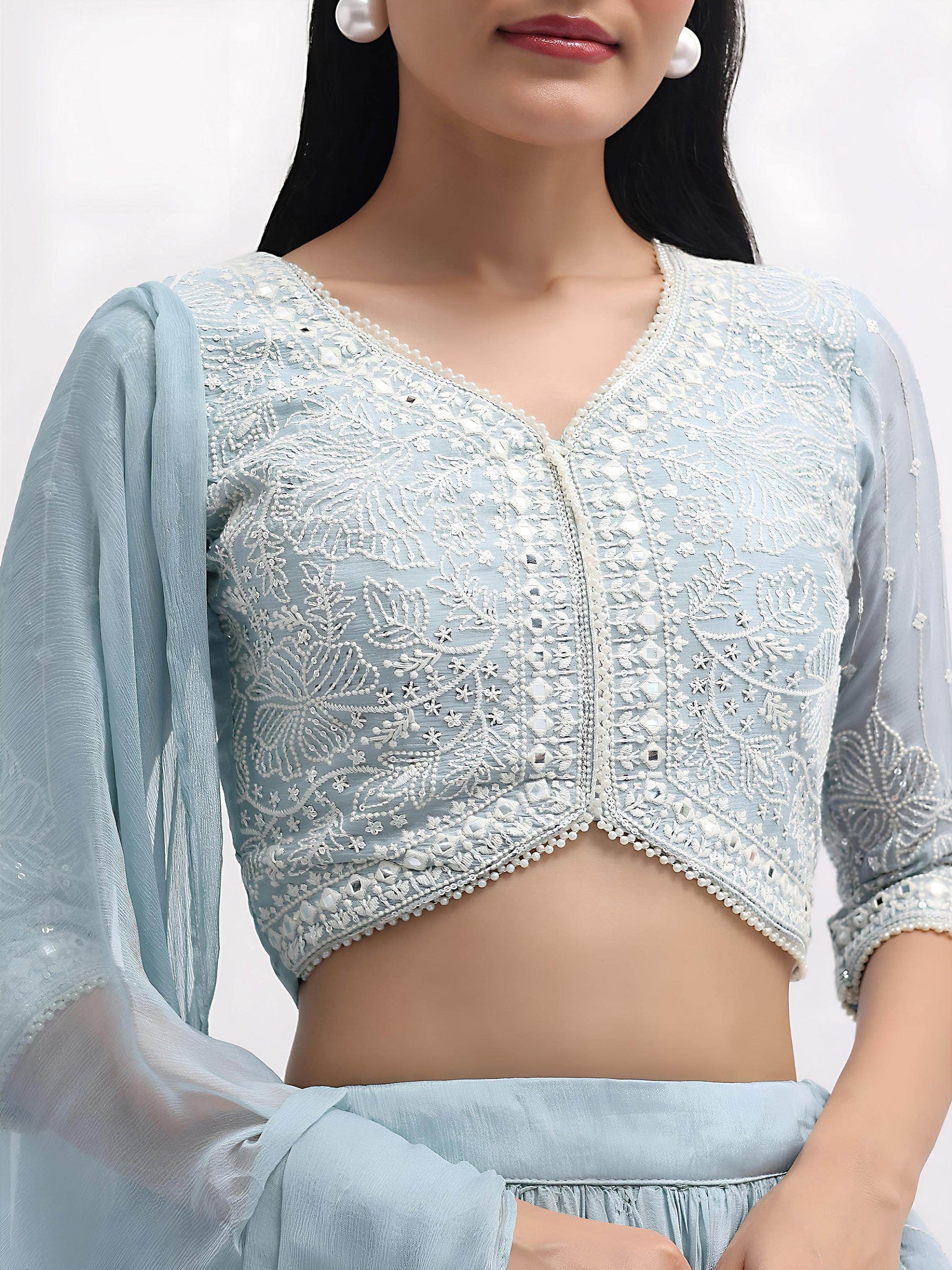 Pretty Blue Thread Embroidered Georgette Reception Wear Lehenga Choli