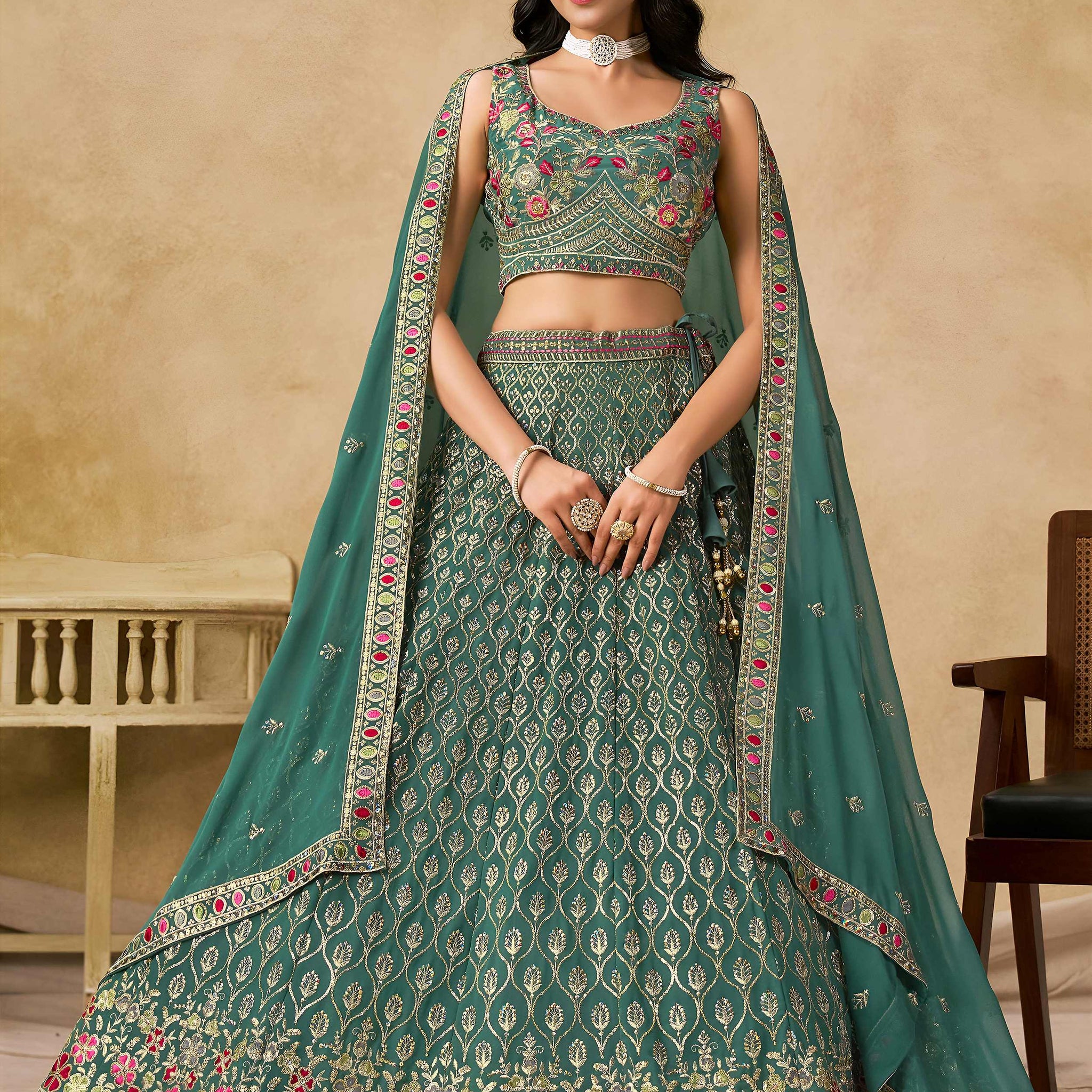 Timeless Green Floral Embroidery Georgette Event Wear Lehenga With Blouse