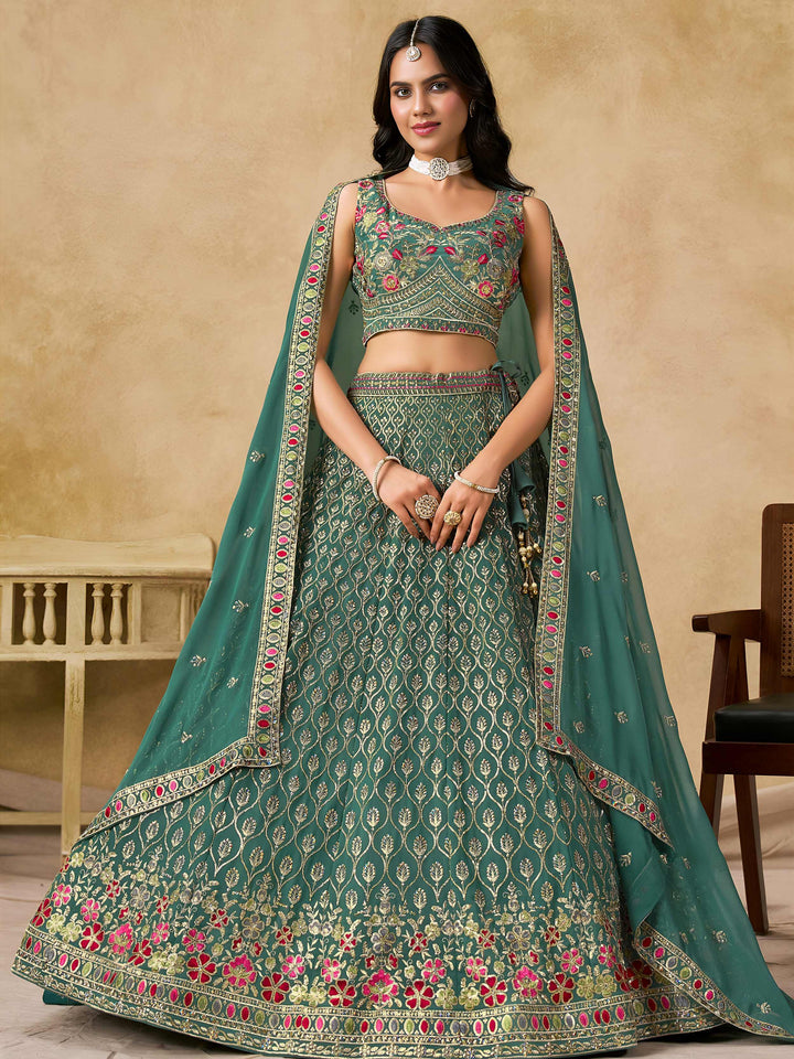 Timeless Green Floral Embroidery Georgette Event Wear Lehenga With Blouse