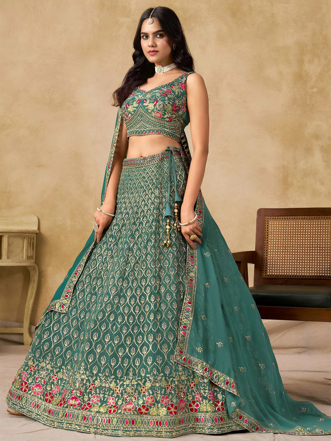Timeless Green Floral Embroidery Georgette Event Wear Lehenga With Blouse
