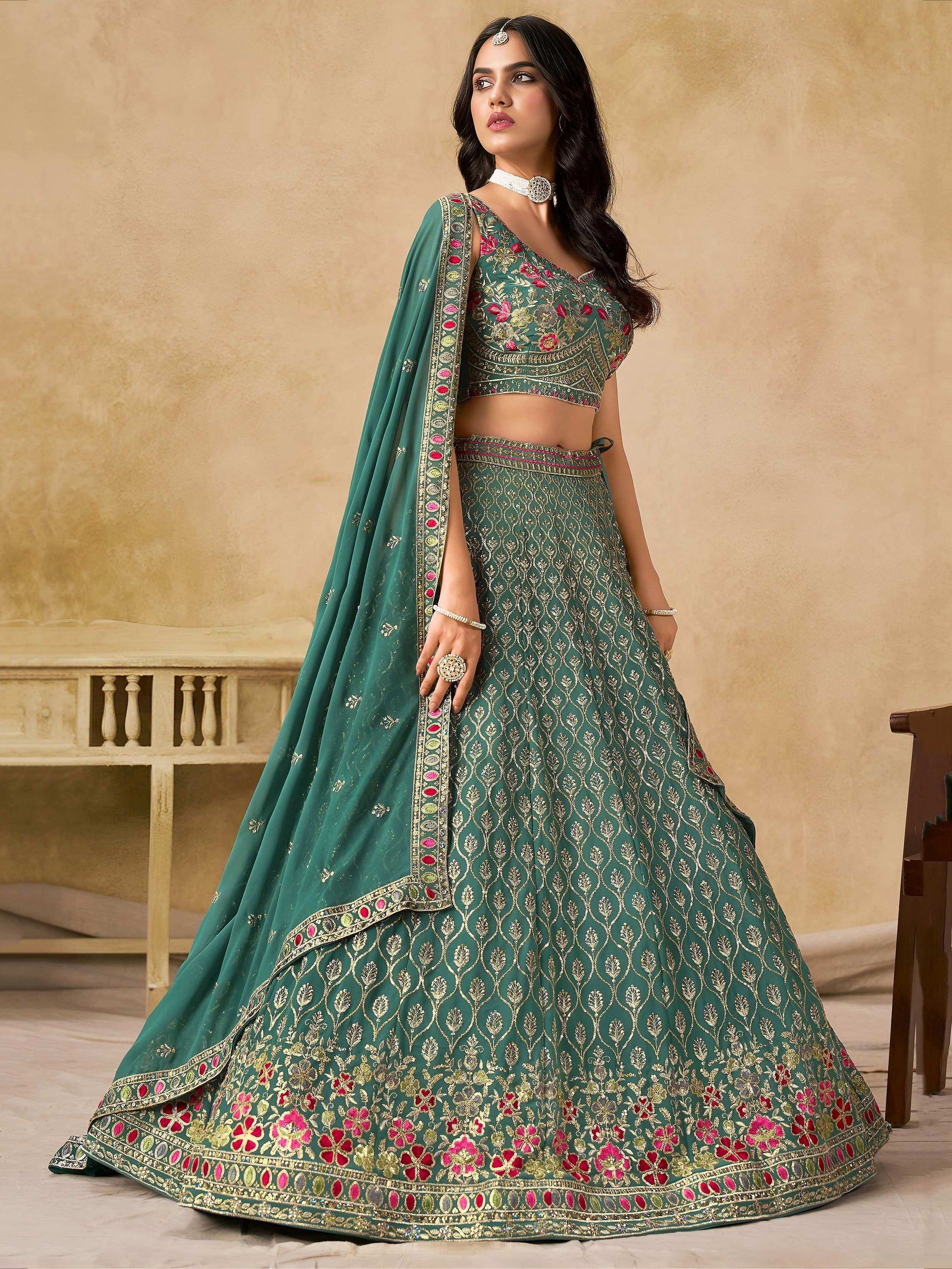 Timeless Green Floral Embroidery Georgette Event Wear Lehenga With Blouse
