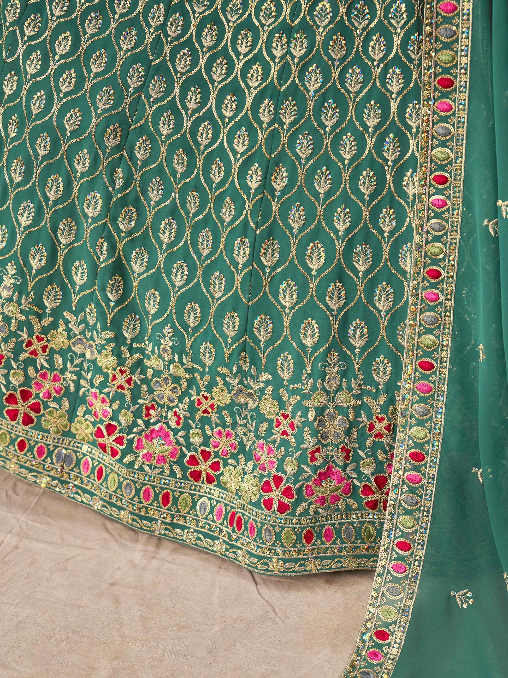 Timeless Green Floral Embroidery Georgette Event Wear Lehenga With Blouse