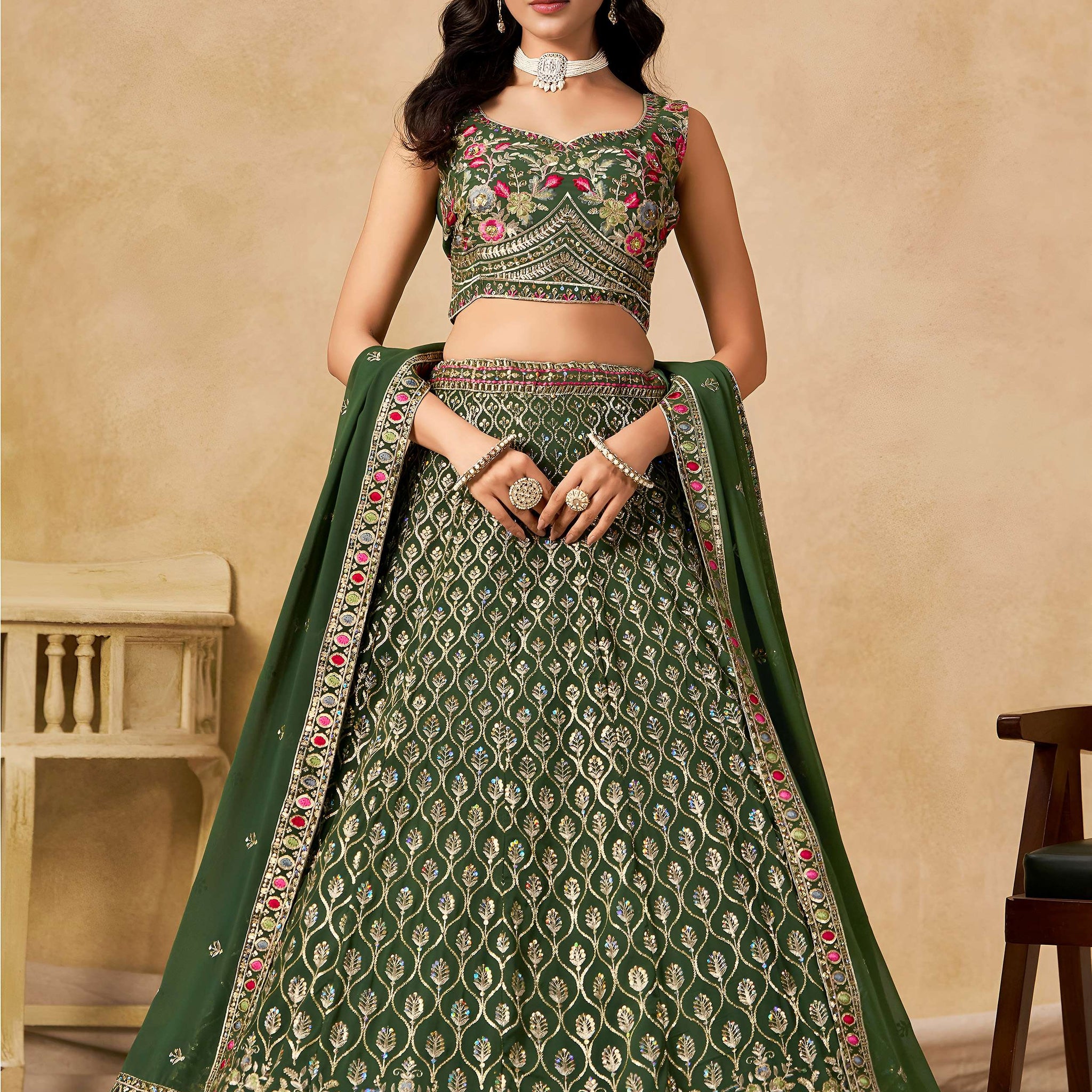 Impressive Dark Green Zari Embroidery Georgette Mehendi Wear Lehenga Choli