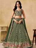 Impressive Dark Green Zari Embroidery Georgette Mehendi Wear Lehenga Choli