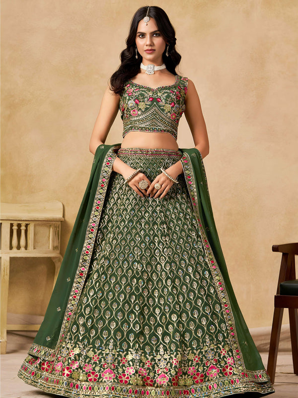 Impressive Dark Green Zari Embroidery Georgette Mehendi Wear Lehenga Choli