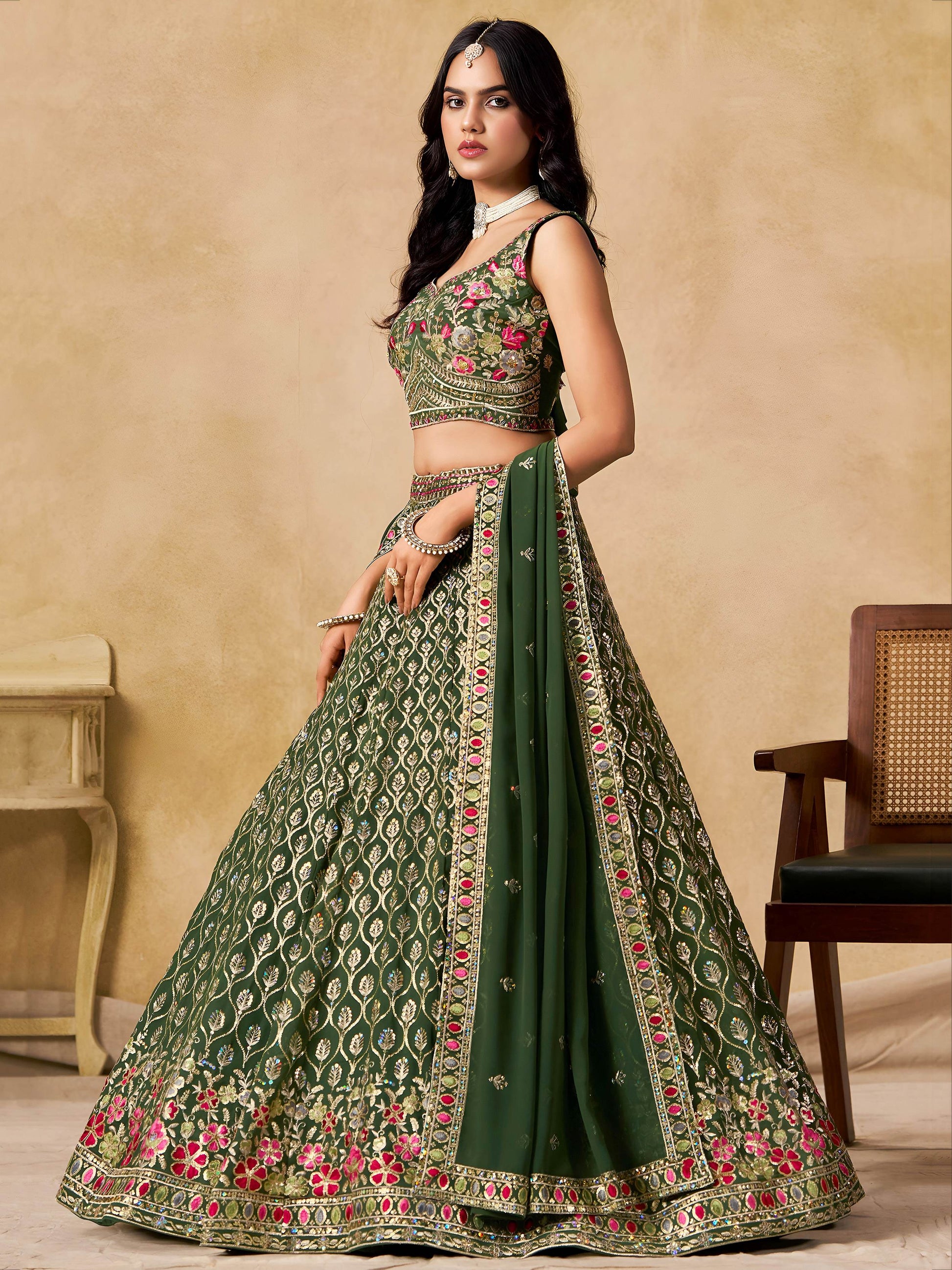 Impressive Dark Green Zari Embroidery Georgette Mehendi Wear Lehenga Choli