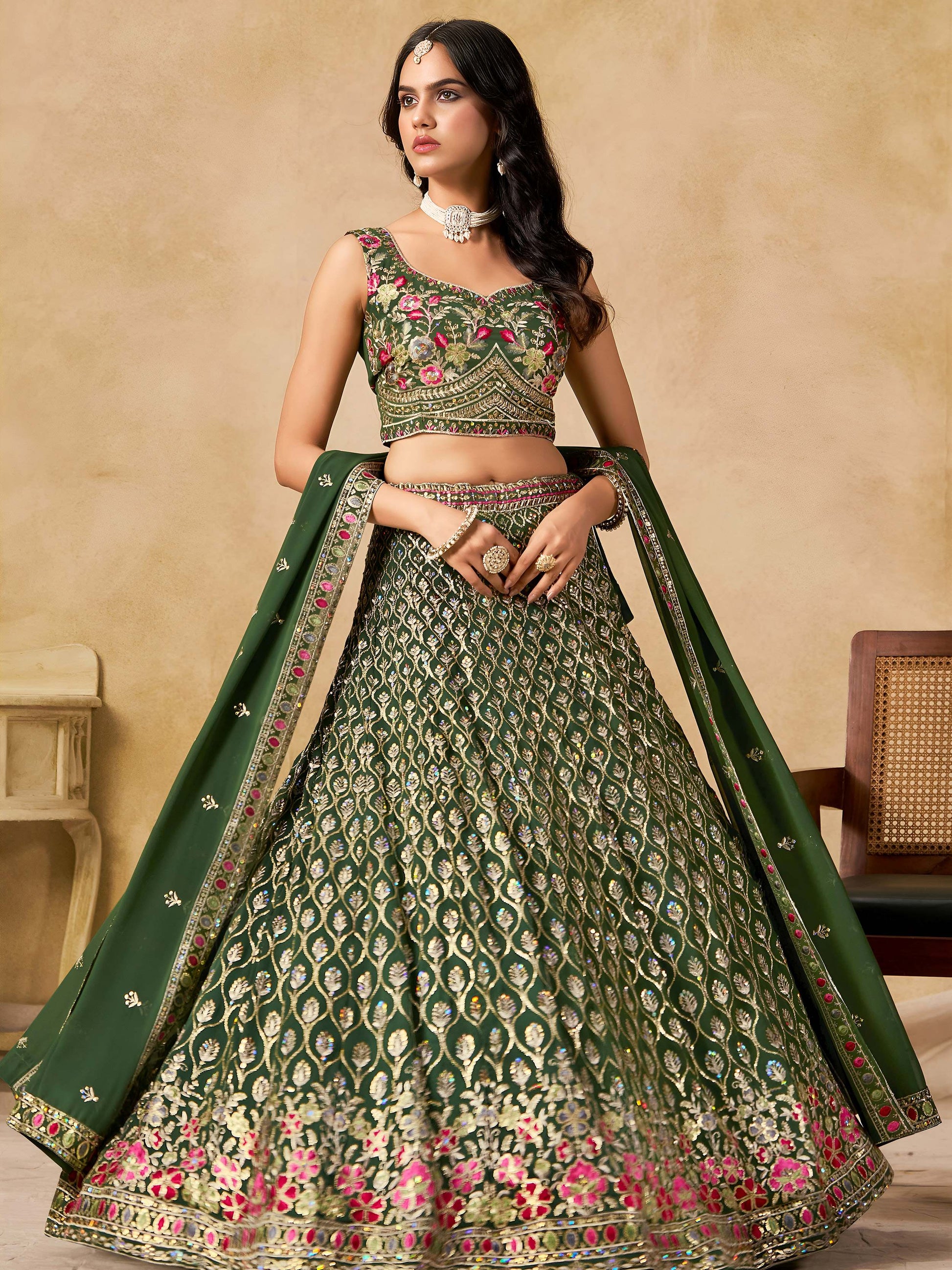 Impressive Dark Green Zari Embroidery Georgette Mehendi Wear Lehenga Choli