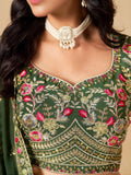 Impressive Dark Green Zari Embroidery Georgette Mehendi Wear Lehenga Choli