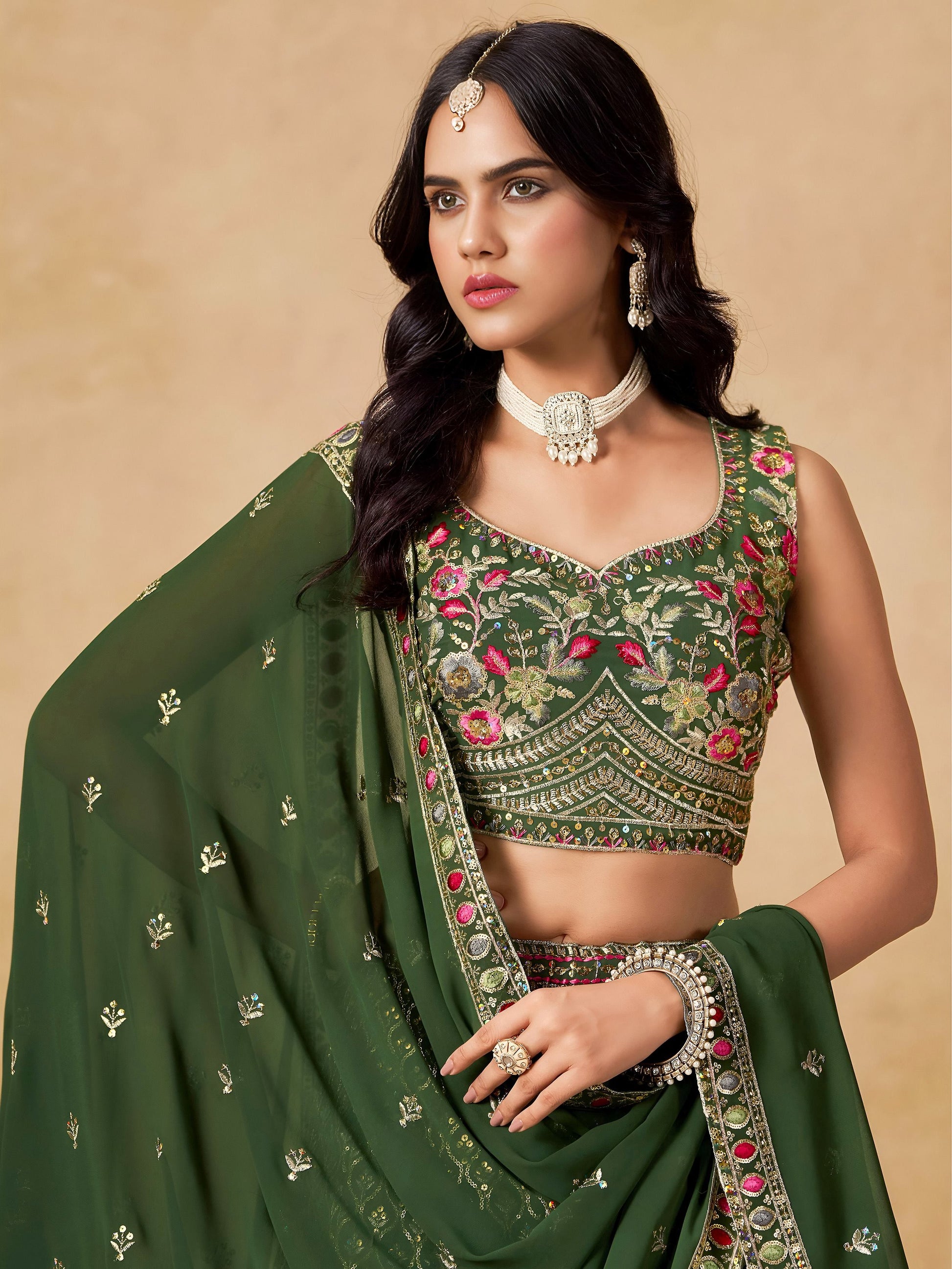 Impressive Dark Green Zari Embroidery Georgette Mehendi Wear Lehenga Choli