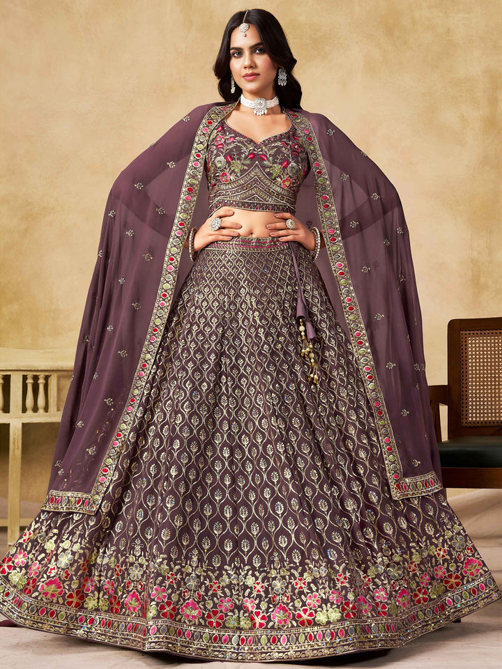 Stupendous Purple Heavy Embroidered Georgette Traditional Lehenga Choli