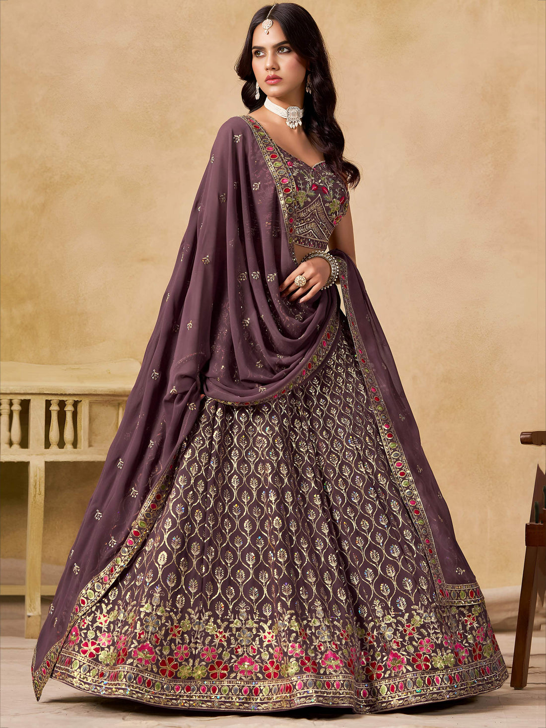 Stupendous Purple Heavy Embroidered Georgette Traditional Lehenga Choli