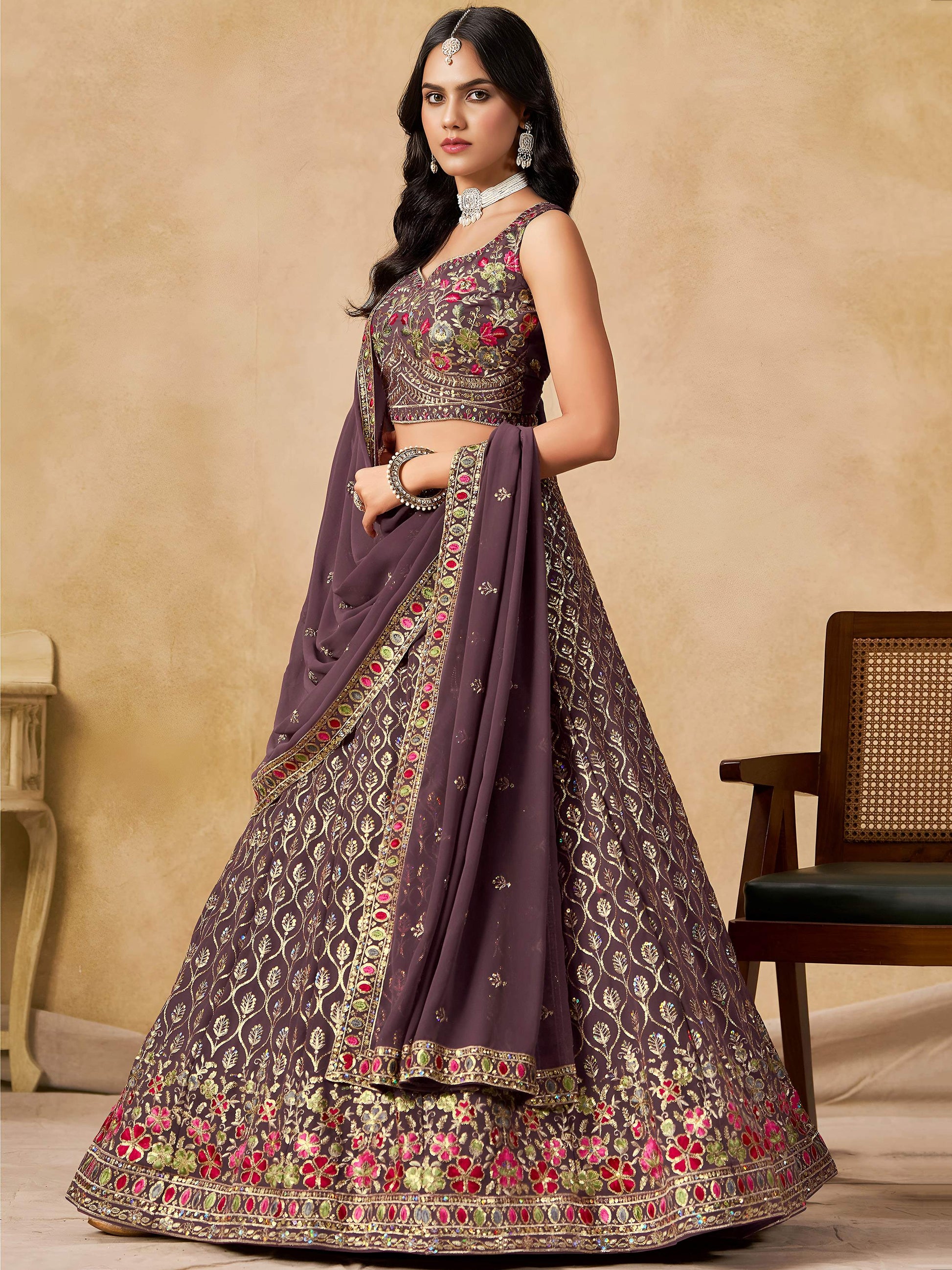 Stupendous Purple Heavy Embroidered Georgette Traditional Lehenga Choli