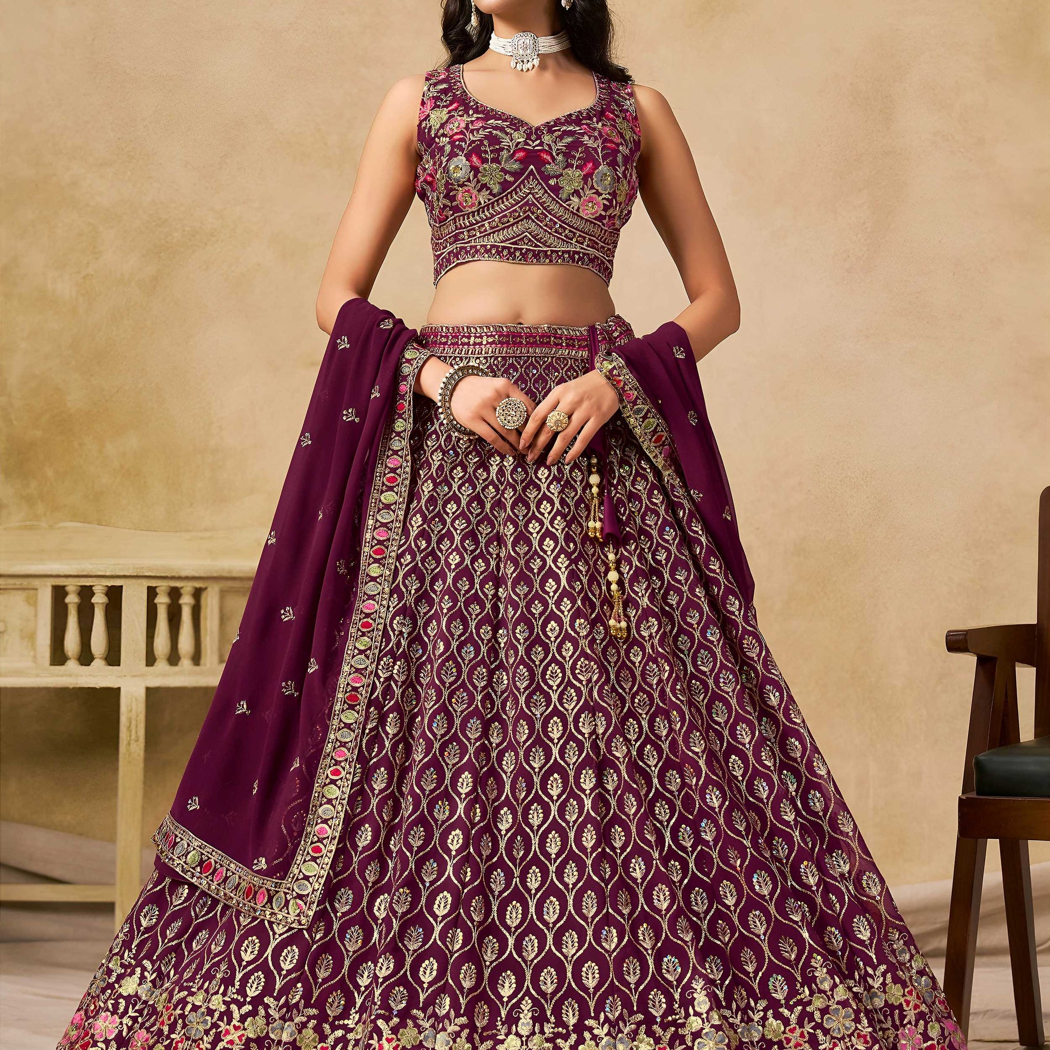 Spectacular Maroon Sequins Embroidery Georgette Wedding Wear Lehenga Choli